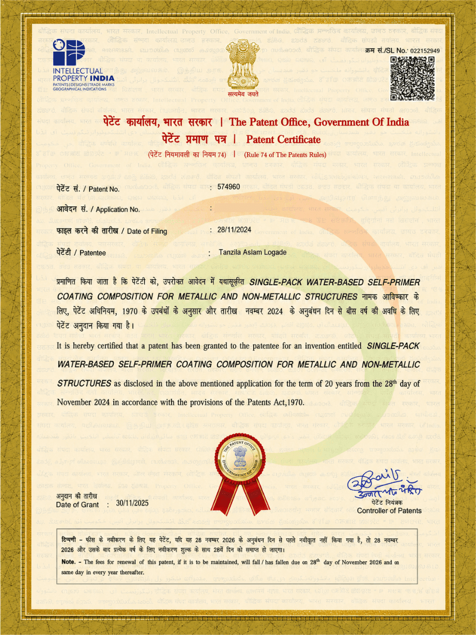 High Performance Coating— Patent Certificate