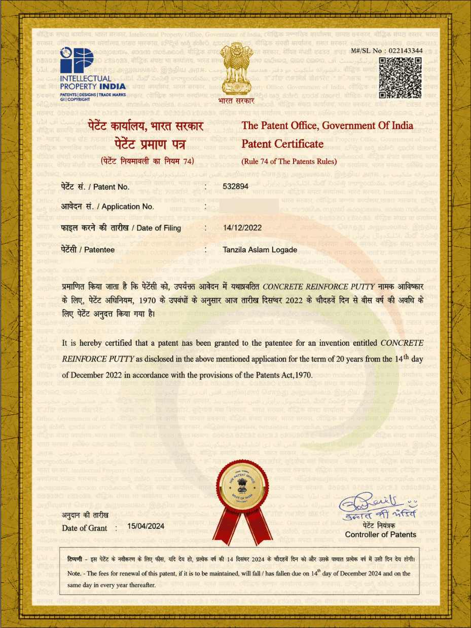 Instant Concrete Repair — Patent Certificate