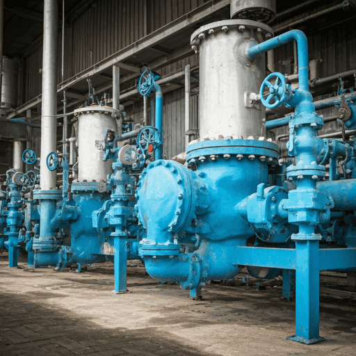 close-up of industrial machinery in a fertilizer production facility with visible chemical processing equipment