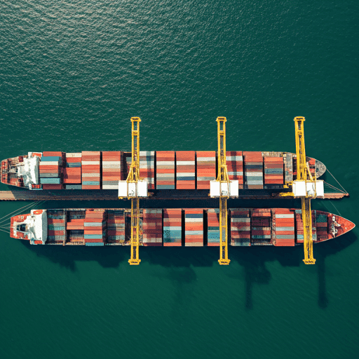 aerial view of a busy maritime port with massive container ships docked at piers lined with giant loading cranes