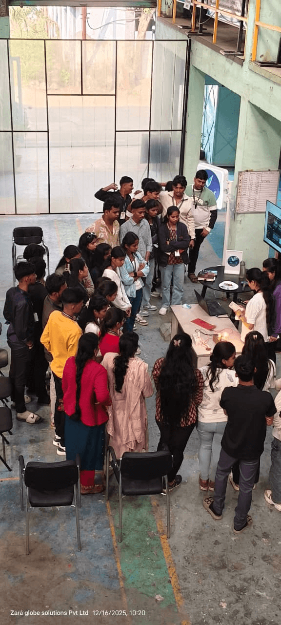 Students of Shetkari Shikshan Sanstha's College of Management Studies and Commerce on a facility walkthrough at Zara Globe Solutions