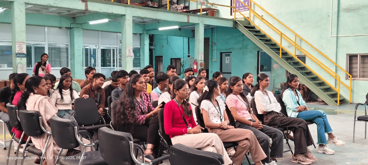 Students seated for an interactive session during the industrial visit to Zara Globe Solutions