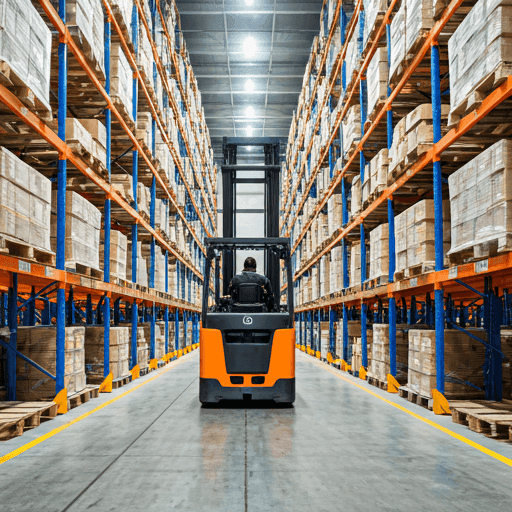 modern industrial warehouse with high-reach forklift moving pallets among perfectly organized steel racking systems