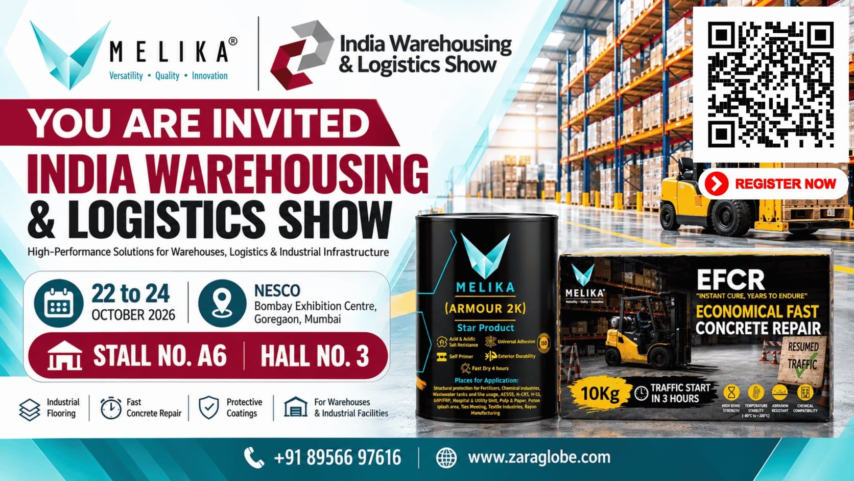 MELIKA at the India Warehousing & Logistics Show, 22-24 October 2026, NESCO Bombay Exhibition Centre, Goregaon, Mumbai — Stall No. A6, Hall No. 3